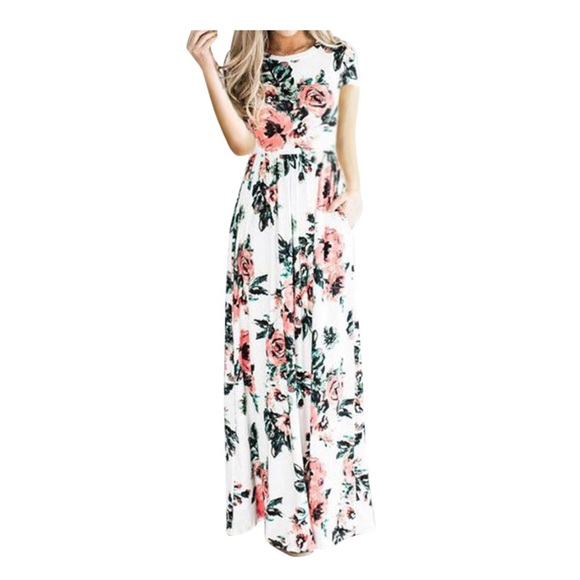 Dresses & Skirts - Short Sleeve Floral Long Dress with Side Pockets